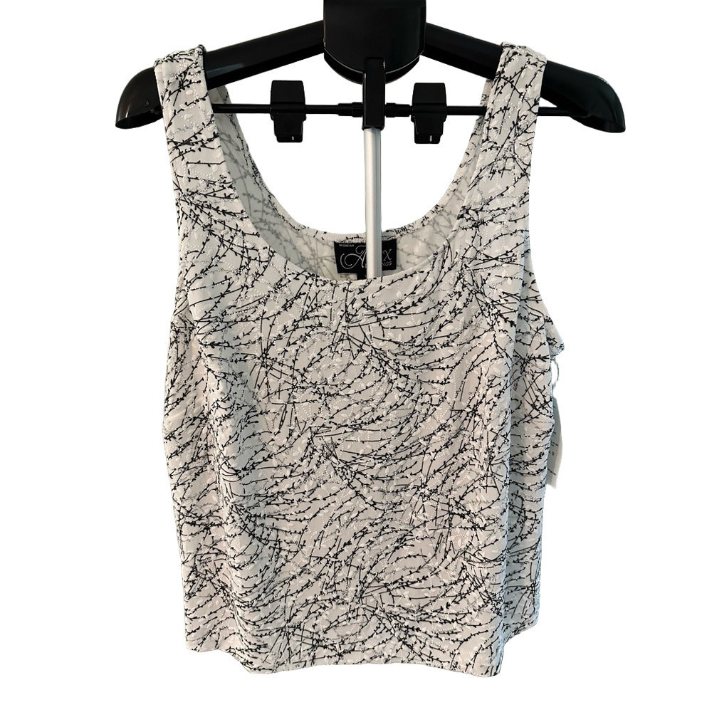 NWT ALEX EVENINGS WHITE TANK TOP WITH BLACK AND SILVER SPARKLE DESIGN